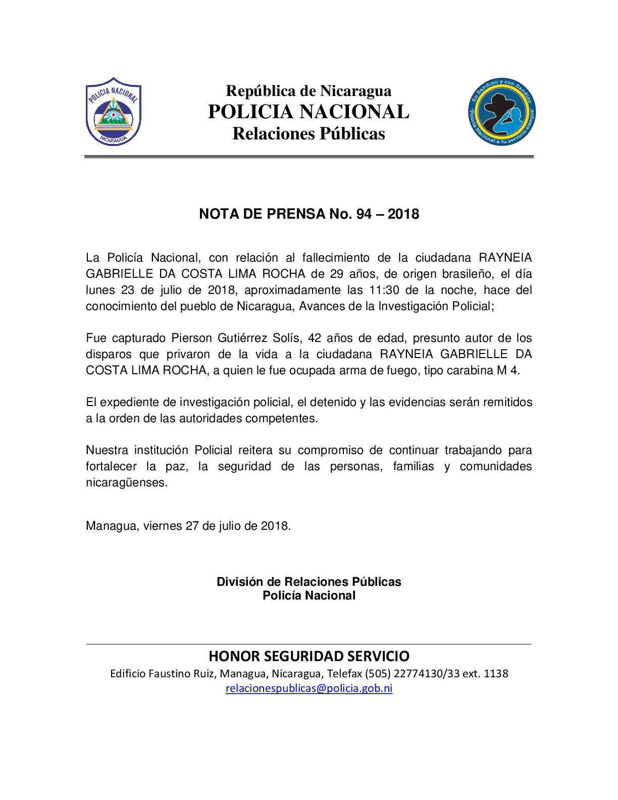Comunicado Policía Nacional