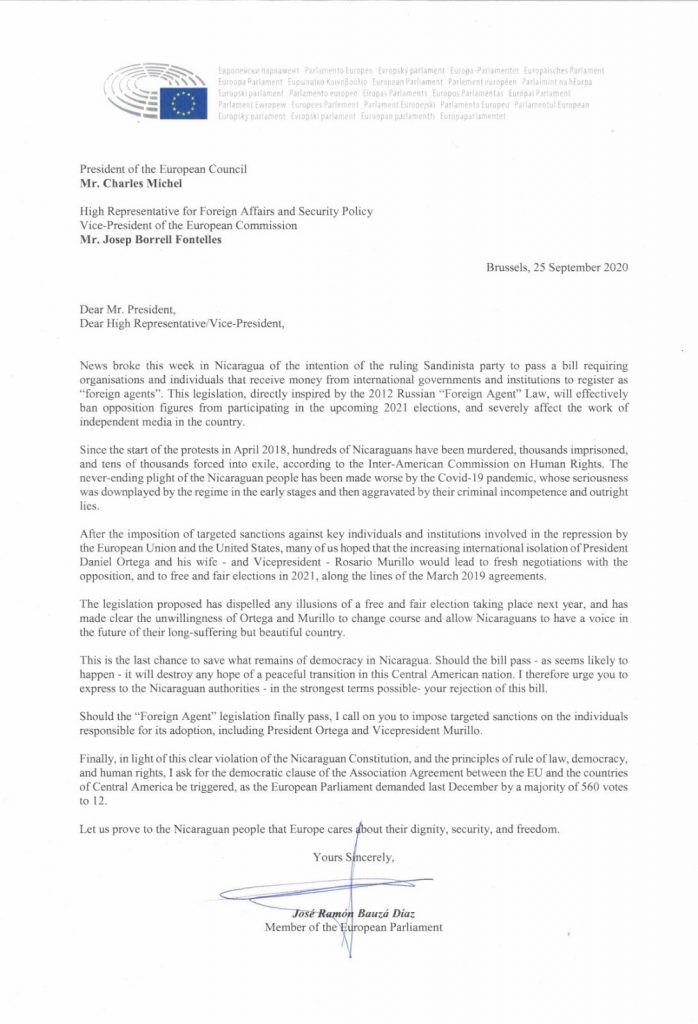 Carta enviada por el eurodiputado, donde exige a la Unión Europea presionar al Gobierno de Ortega.